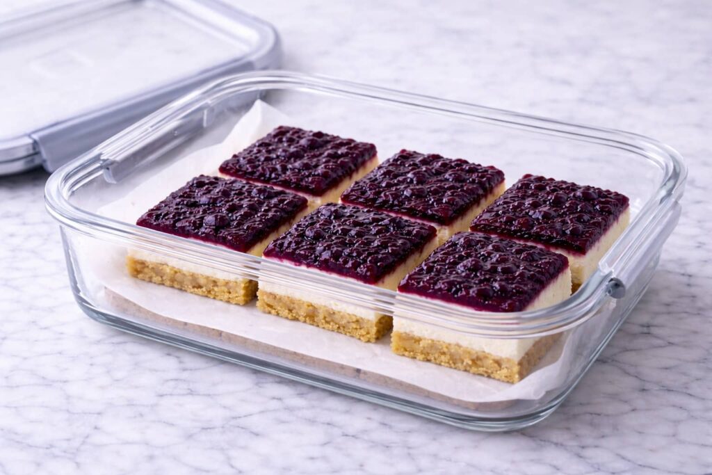 Blueberry cream cheese bars stored in a glass container lined with parchment paper
