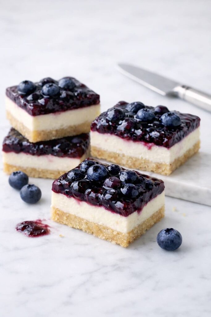Blueberry cream cheese bars with shortbread crust and rustic blueberry topping on marble surface