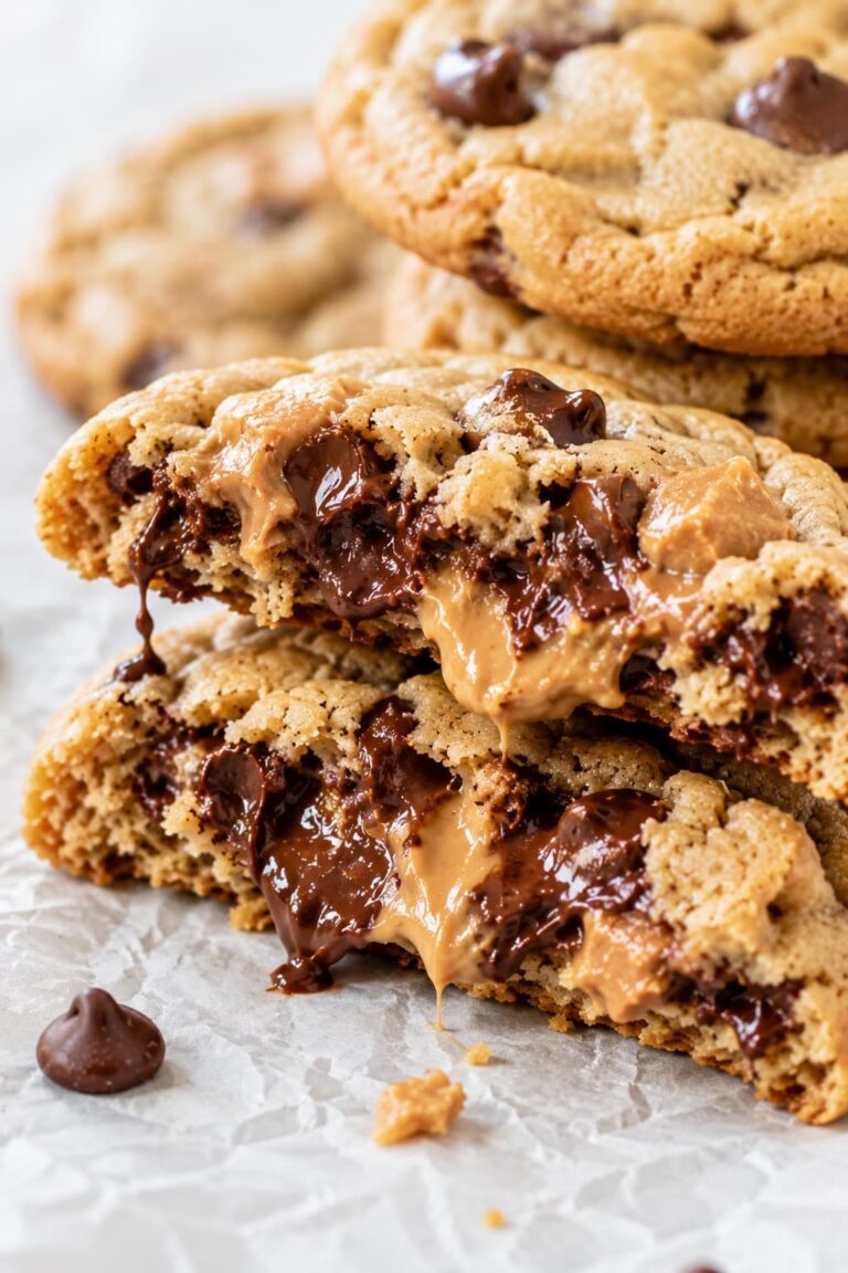 Soft peanut butter chocolate chip cookies with a gooey chocolate center and thick chewy texture
