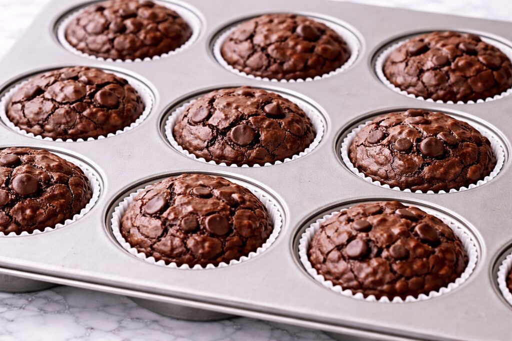 freshly baked brownie bites in mini muffin pan with crackled tops