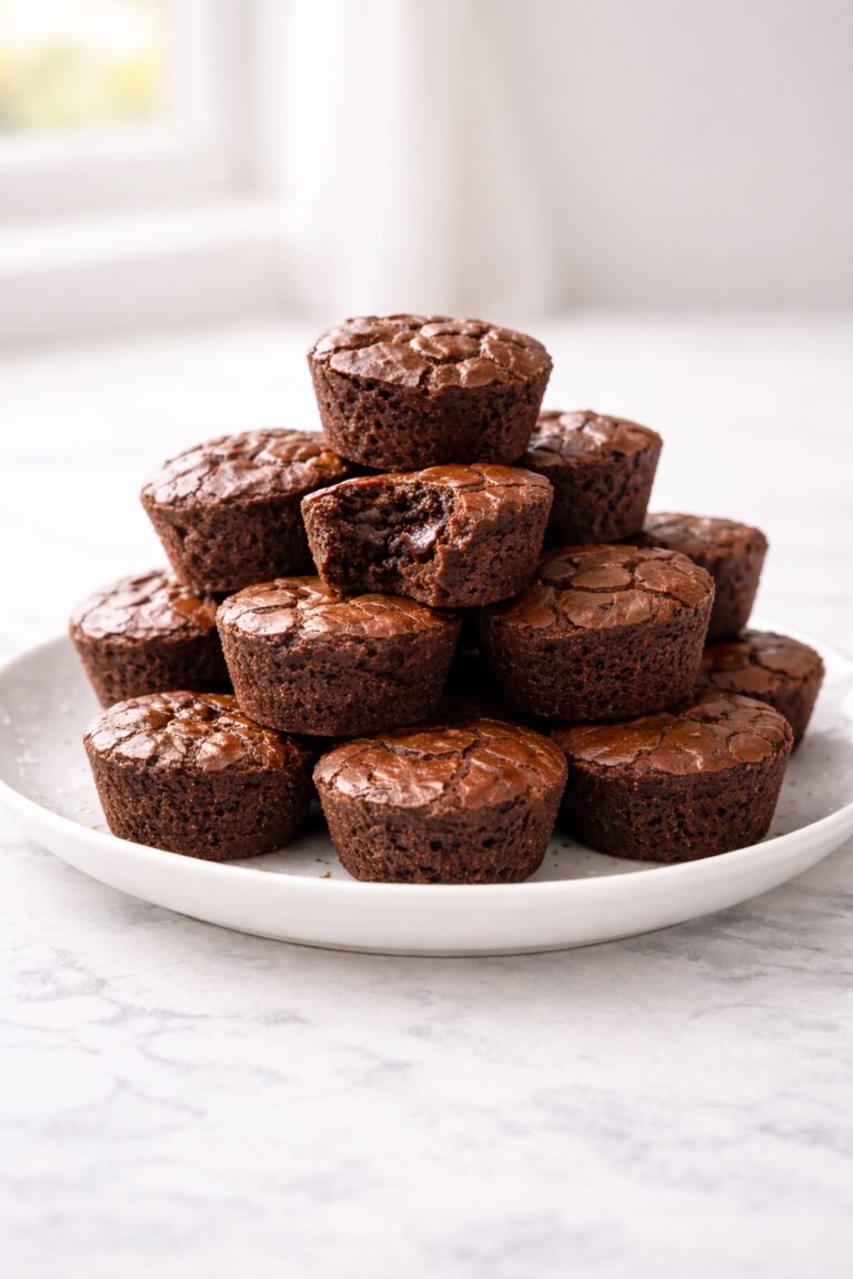 fudgy brownie bites stacked on plate with crackled chocolate tops
