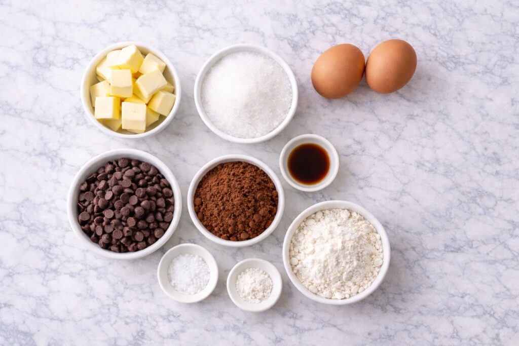 ingredients for brownie bites including cocoa butter sugar eggs flour and chocolate chips