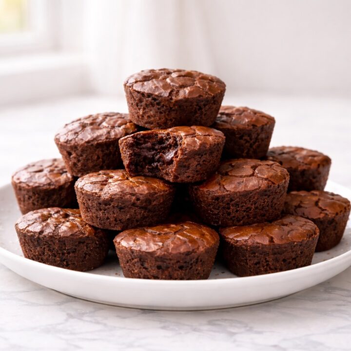 fudgy brownie bites stacked on plate with crackled chocolate tops