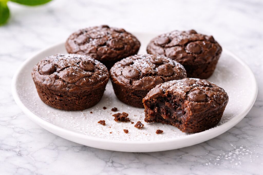 brownie bites served on white plate with fudgy chocolate center