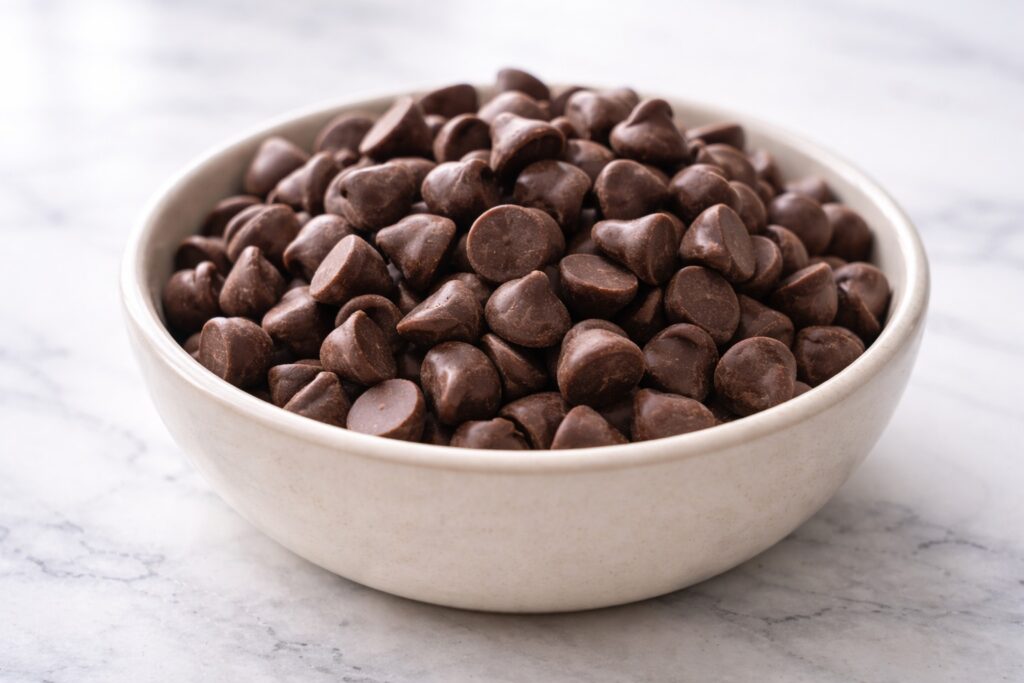 Close-up of chocolate chips in a bowl showing smooth glossy texture
