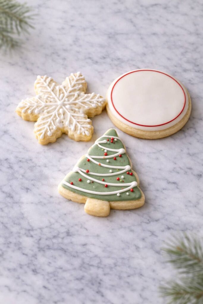 Minimalist Christmas sugar cookies decorated with royal icing on white marble surface
