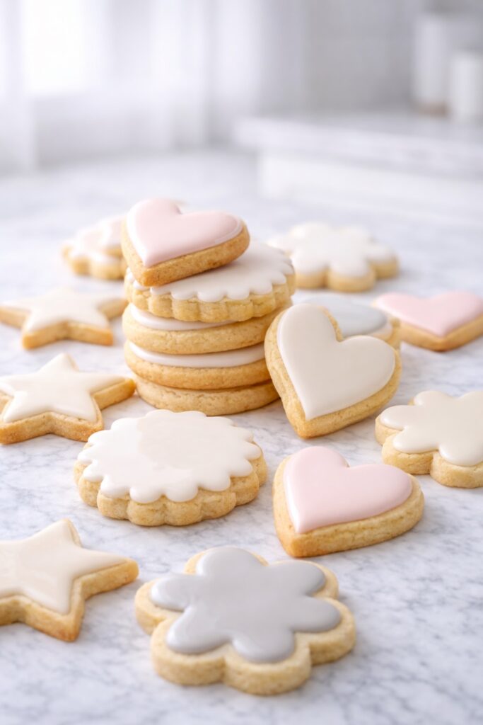 Decorated sugar cookies with pastel icing and smooth glossy finish