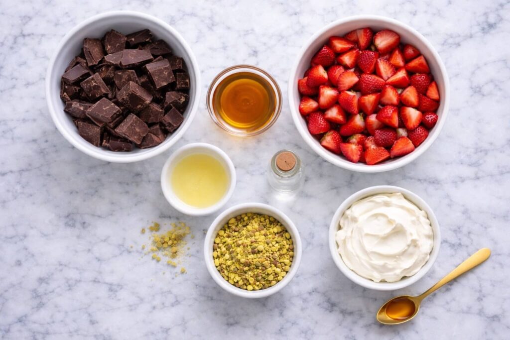 Ingredients for Dubai chocolate strawberry cups including dark chocolate, strawberries, pistachios and rosewater