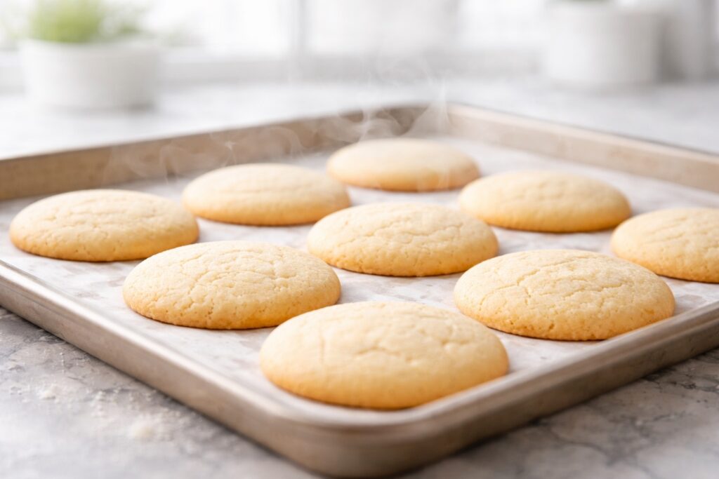 Fresh baked sugar cookies on tray with golden edges and soft centers