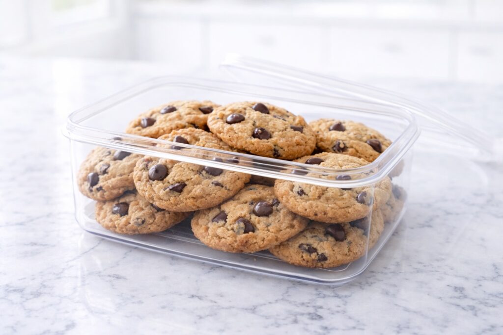Peanut butter chocolate chip cookies stored in an airtight container to keep them fresh