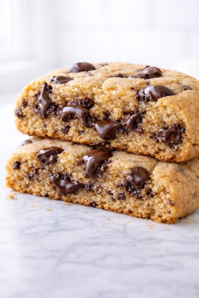 Close-up of peanut butter chocolate chip cookie showing soft chewy interior with melted chocolate pockets