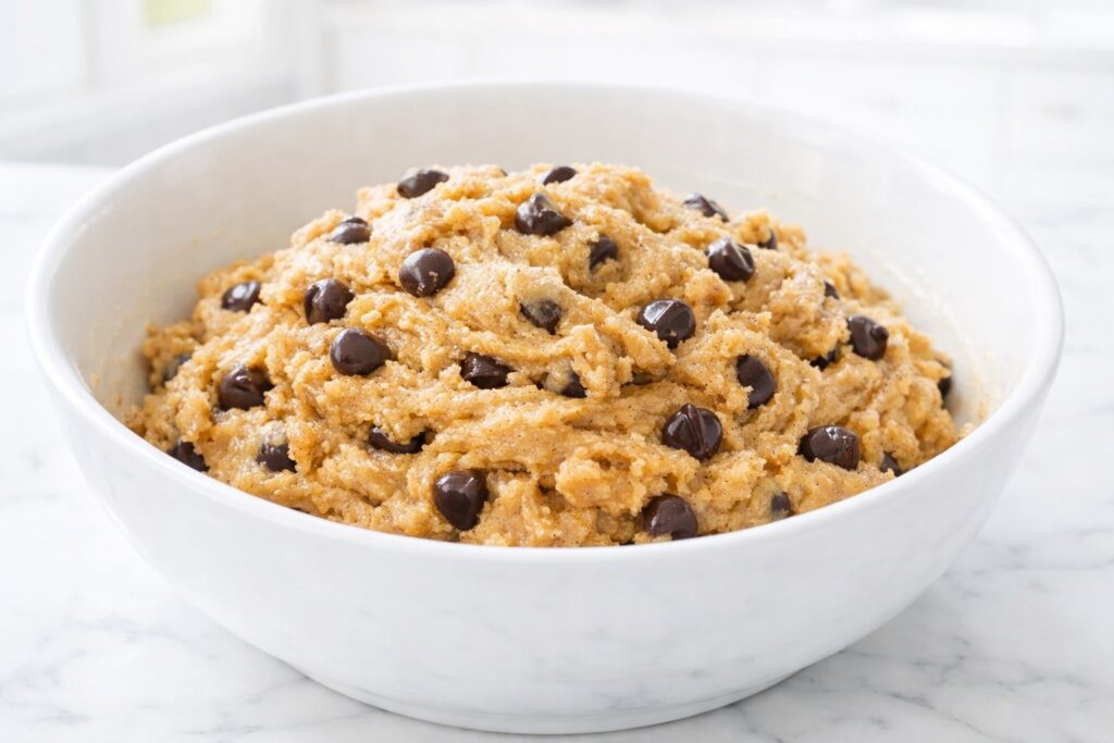 Peanut butter chocolate chip cookie dough showing thick cohesive texture with chocolate chips