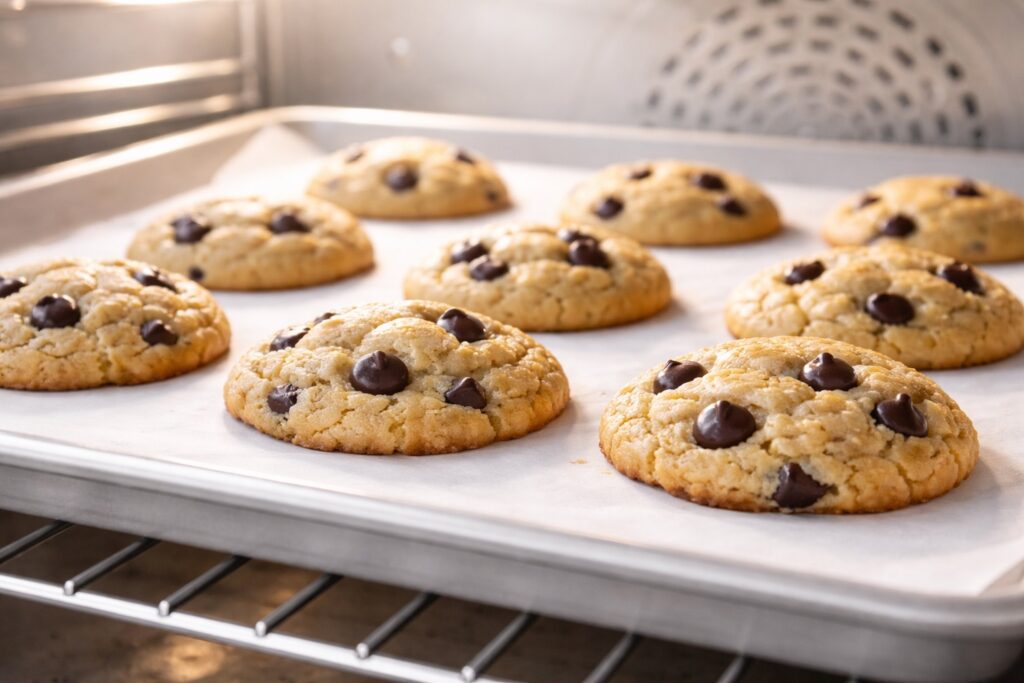 Peanut butter chocolate chip cookies baking in the oven with soft centers and slightly set edges