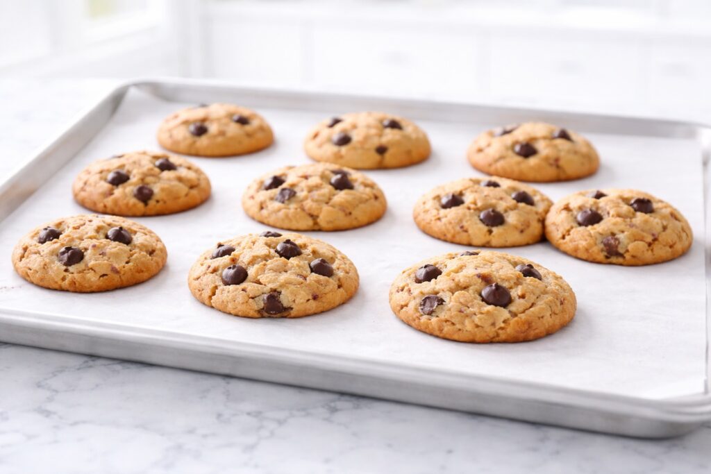 Freshly baked peanut butter chocolate chip cookies with golden edges and soft centers on a baking tray