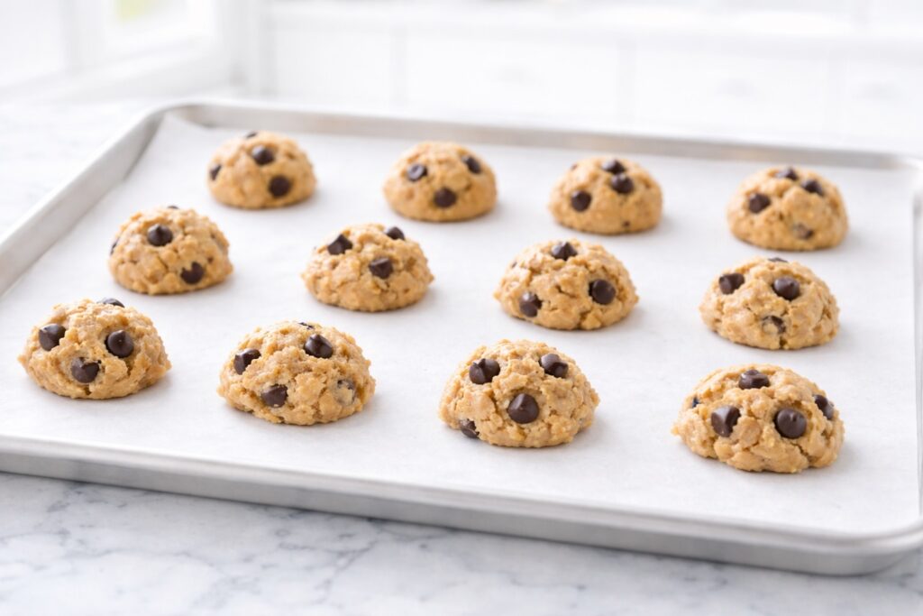 Peanut butter chocolate chip cookie dough balls on a baking sheet ready to bake