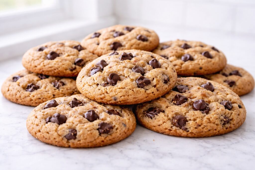 Stack of peanut butter chocolate chip cookies with thick texture and visible chocolate chips