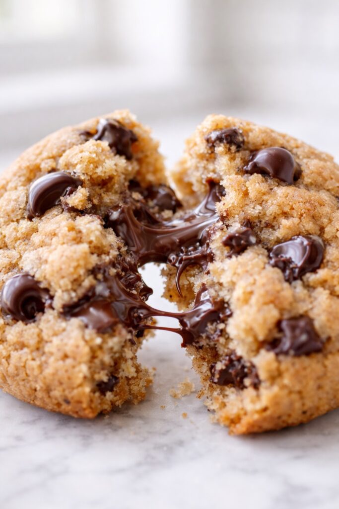 Peanut butter chocolate chip cookie broken open showing gooey chocolate center