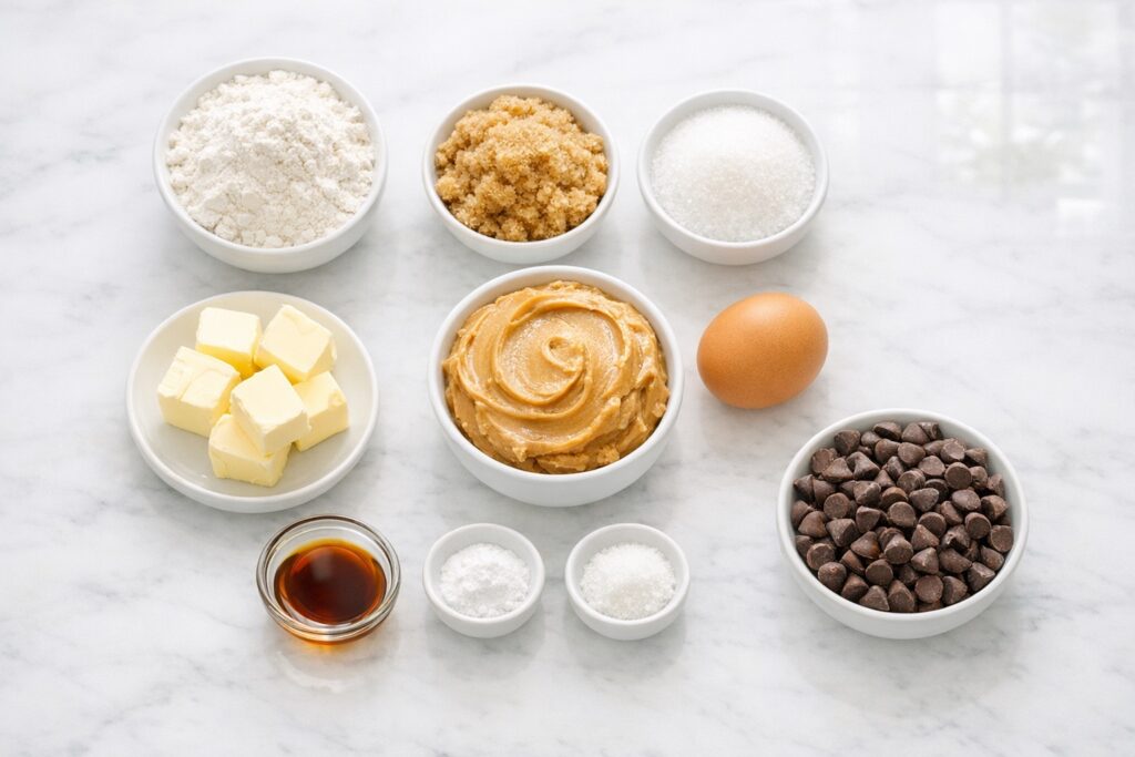 Ingredients for peanut butter chocolate chip cookies including butter, peanut butter, sugar, flour, egg, and chocolate chips arranged on a marble surface