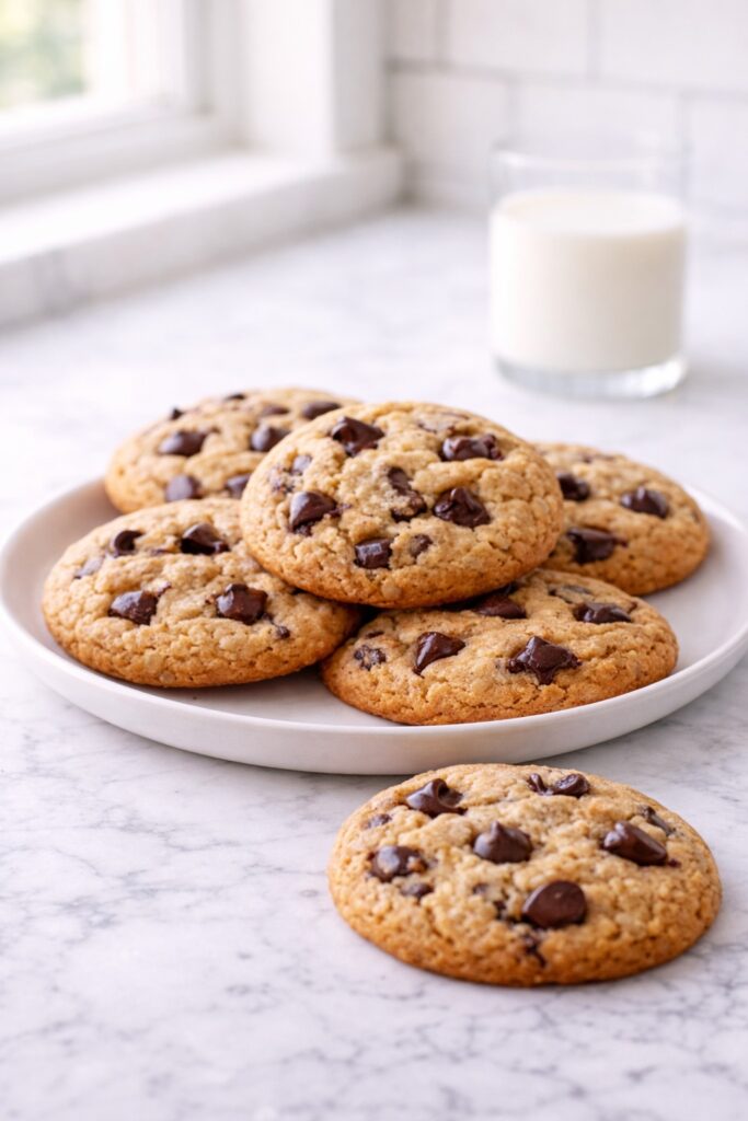 Peanut butter chocolate chip cookies served on a plate with a glass of milk