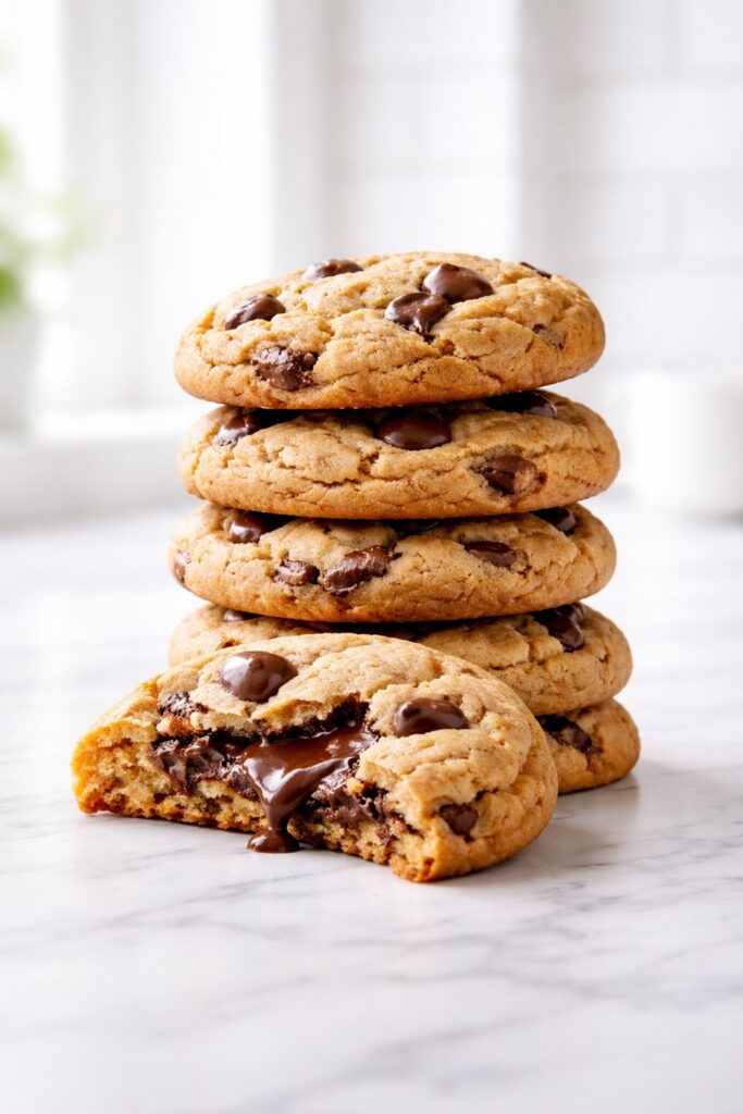 Soft peanut butter chocolate chip cookies stacked with a gooey chocolate center and thick chewy texture
