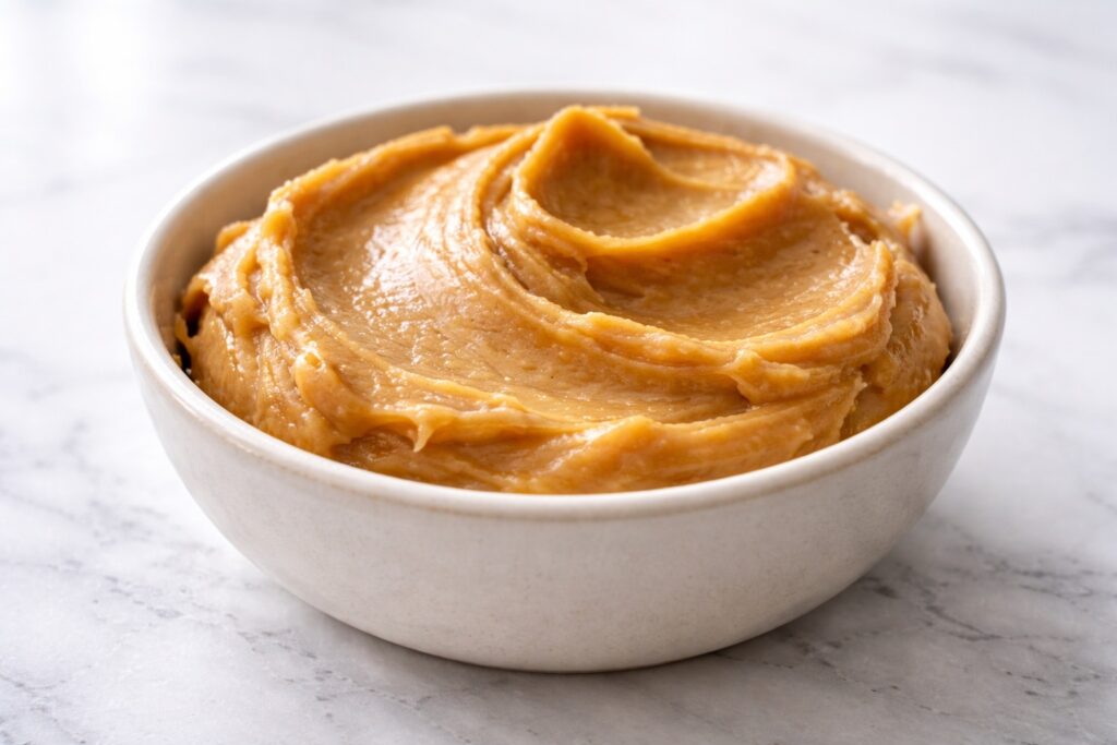 Close-up of creamy peanut butter in a bowl showing thick natural texture with soft folds