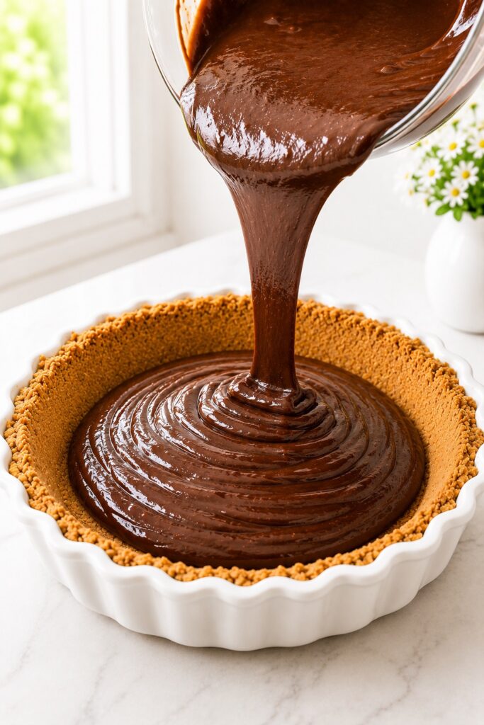Pouring chocolate ganache into the graham cracker crust for S’mores Pie