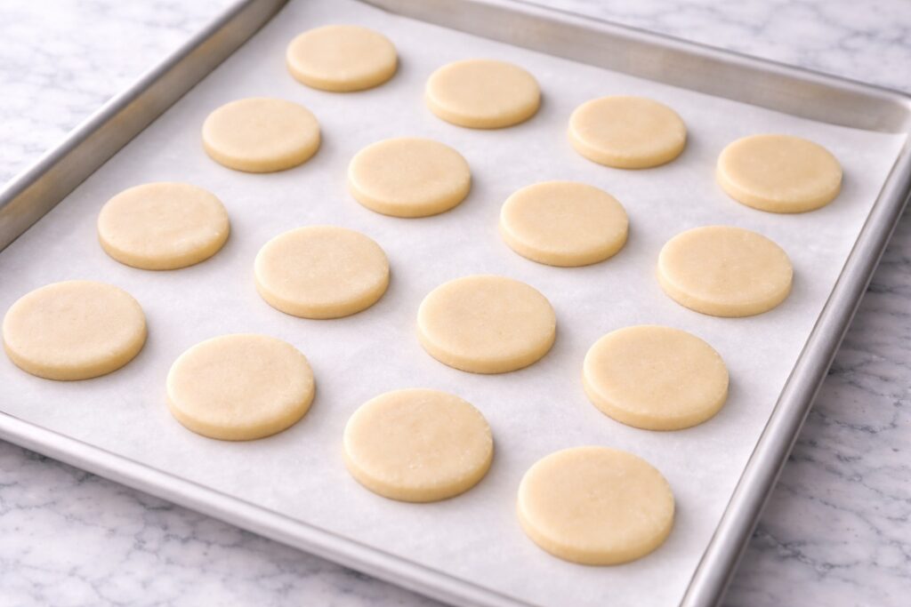 Raw sugar cookies on baking sheet showing spacing and smooth dough