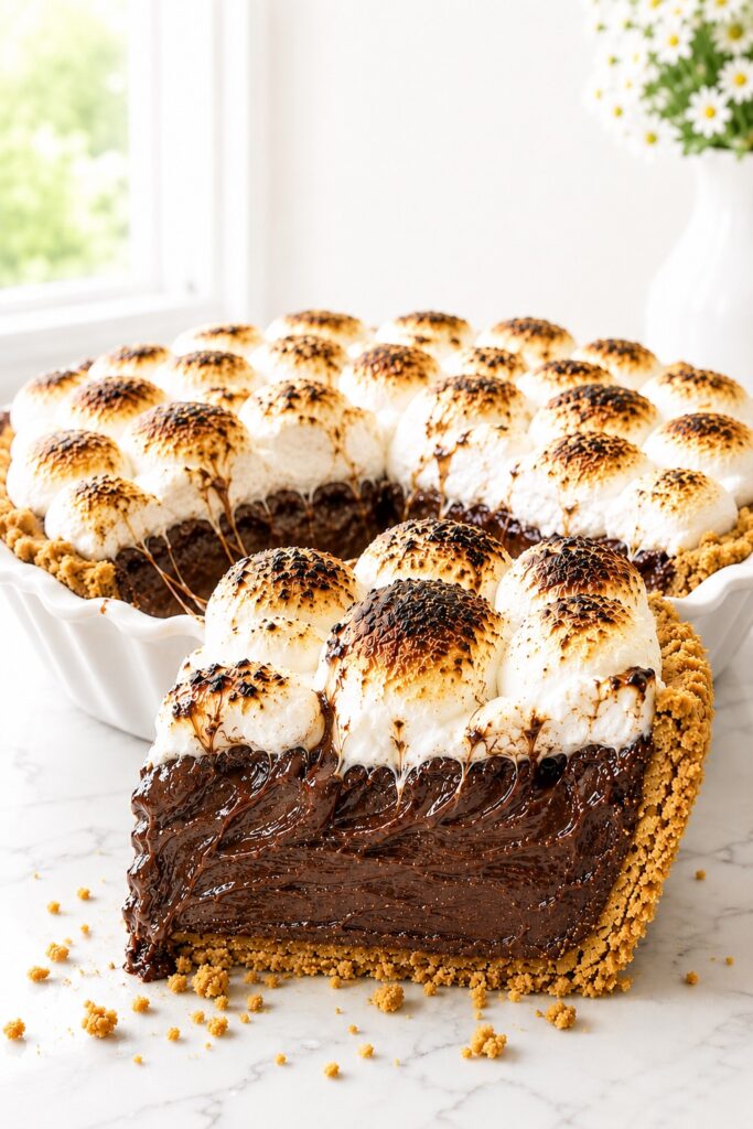 Homemade S’mores Pie with silky chocolate ganache, graham cracker crust, and toasted mini marshmallows