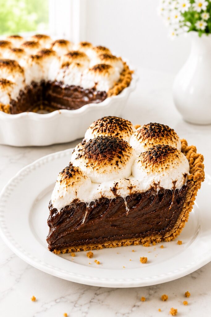 Slice of S’mores Pie with graham cracker crust and toasted marshmallow topping