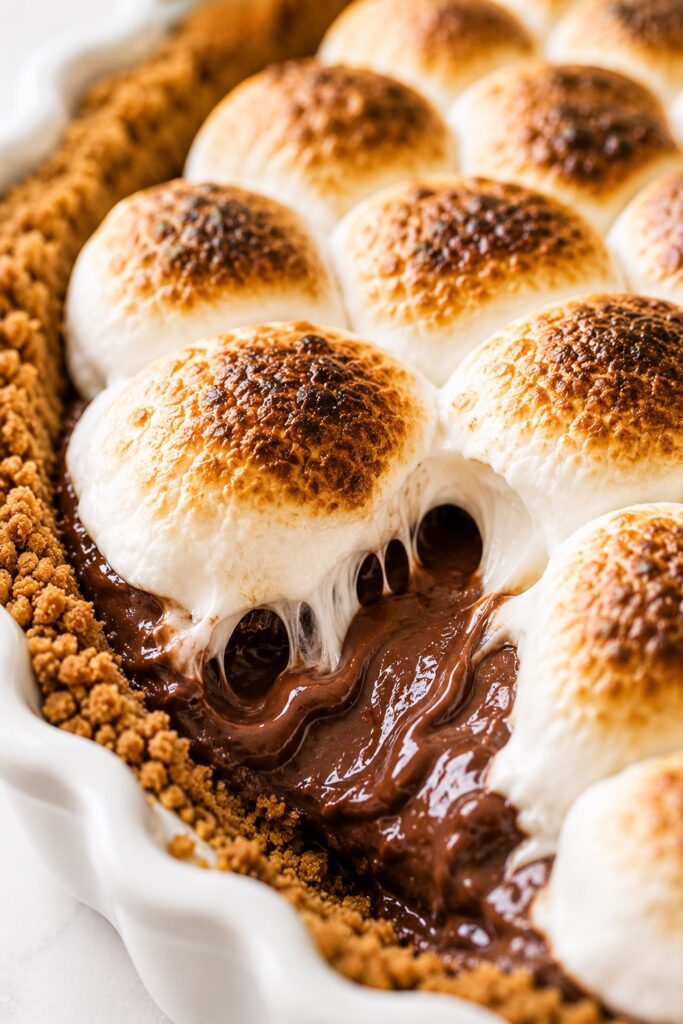 Close-up of S’mores Pie with silky chocolate ganache and toasted marshmallows