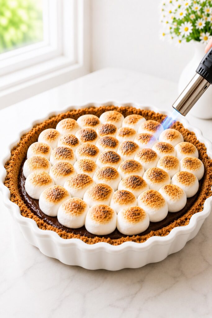Toasting the marshmallows on S’mores Pie with a kitchen torch