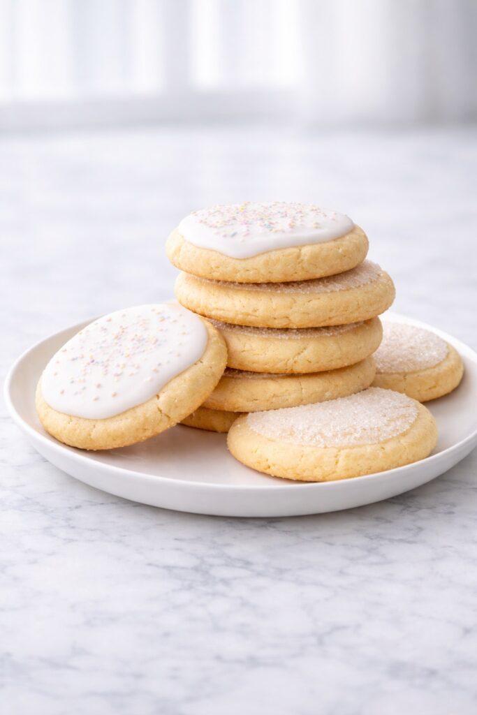 Soft sugar cookies stacked on a plate with smooth icing and golden edges