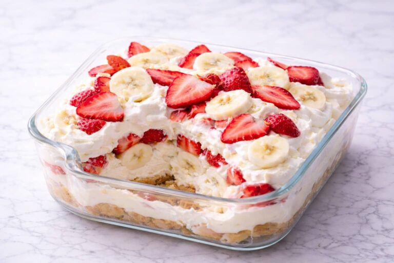 Layered strawberry cheesecake banana pudding dessert in glass baking dish