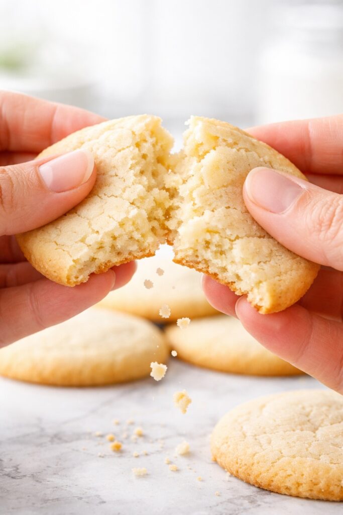 Sugar cookie broken in half showing soft tender interior texture