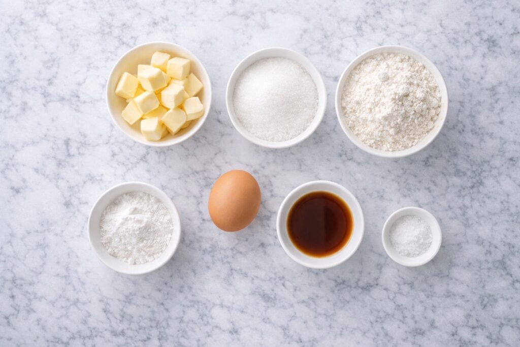 Sugar cookie recipe ingredients arranged on marble surface including butter sugar flour egg and vanilla