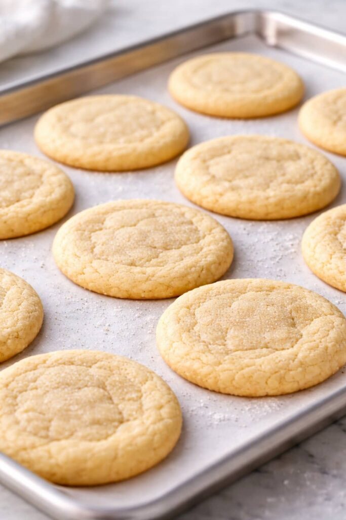 Freshly baked sugar cookies on parchment lined baking sheet with lightly golden edges