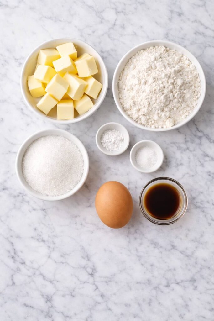 Overhead view of butter, sugar, flour, egg and vanilla arranged on white marble for sugar cookie recipe