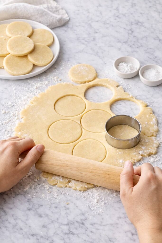 Hands rolling sugar cookie dough on white marble and cutting round shapes with metal cutter