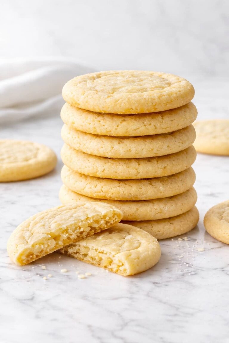 Soft and chewy sugar cookies stacked on white marble surface with one cookie broken open showing tender center