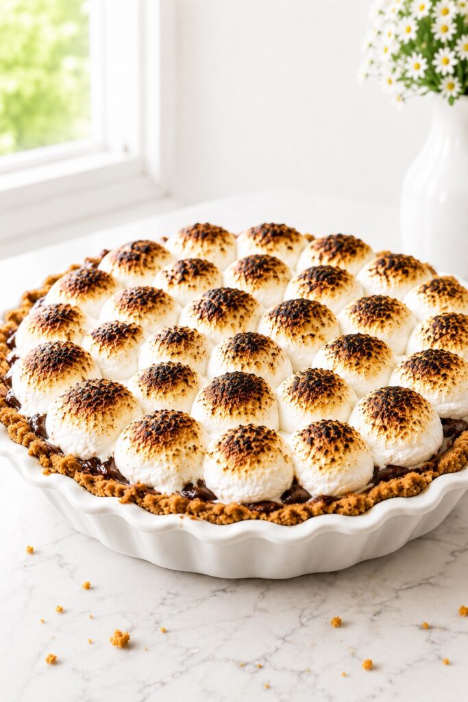 Whole S’mores Pie with toasted mini marshmallows and chocolate ganache filling