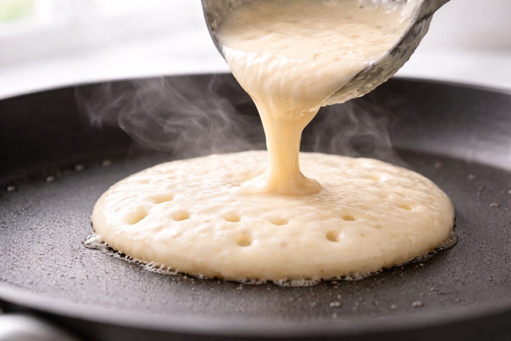 Buttermilk pancake batter being poured into a hot pan