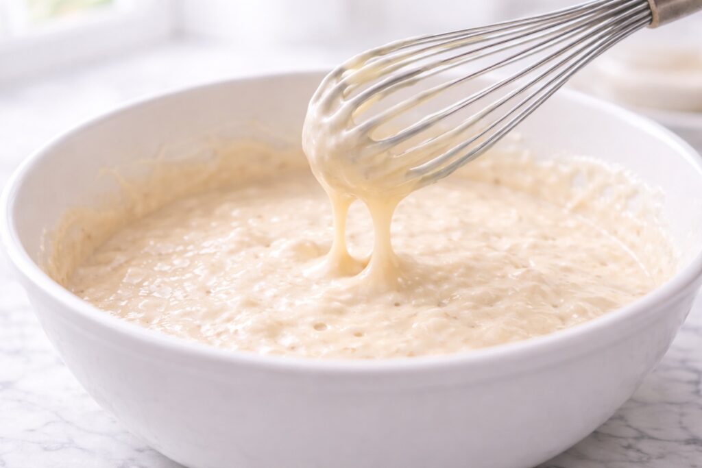 Thick slightly lumpy buttermilk pancake batter showing correct texture