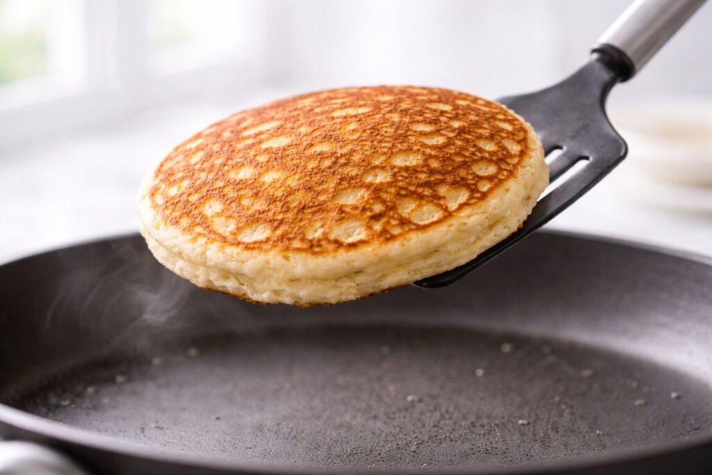 Buttermilk pancake being flipped showing golden brown surface