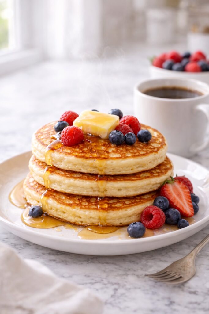 Buttermilk pancakes with berries and coffee on a bright breakfast table