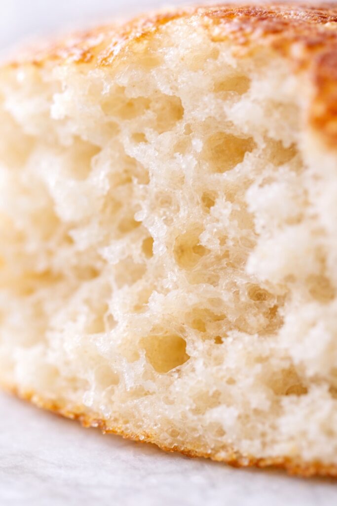 Close-up of buttermilk pancake showing soft airy crumb texture