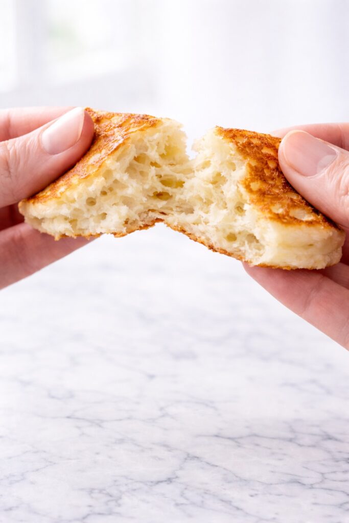 Buttermilk pancakes pulled apart showing soft fluffy interior
