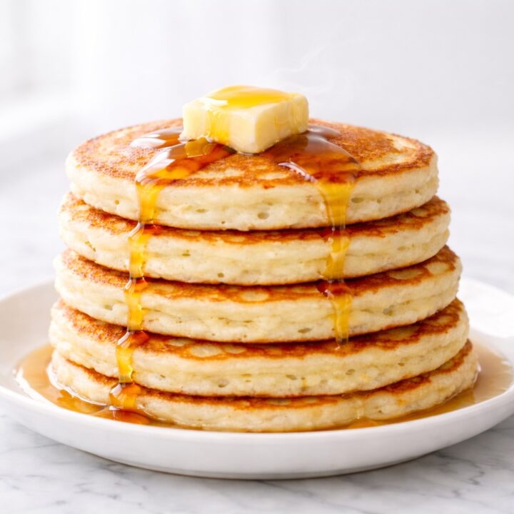 Buttermilk pancakes served warm with butter and syrup on a plate
