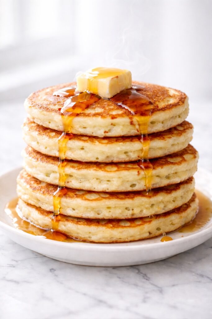 Fluffy buttermilk pancakes stacked with golden edges and soft airy texture