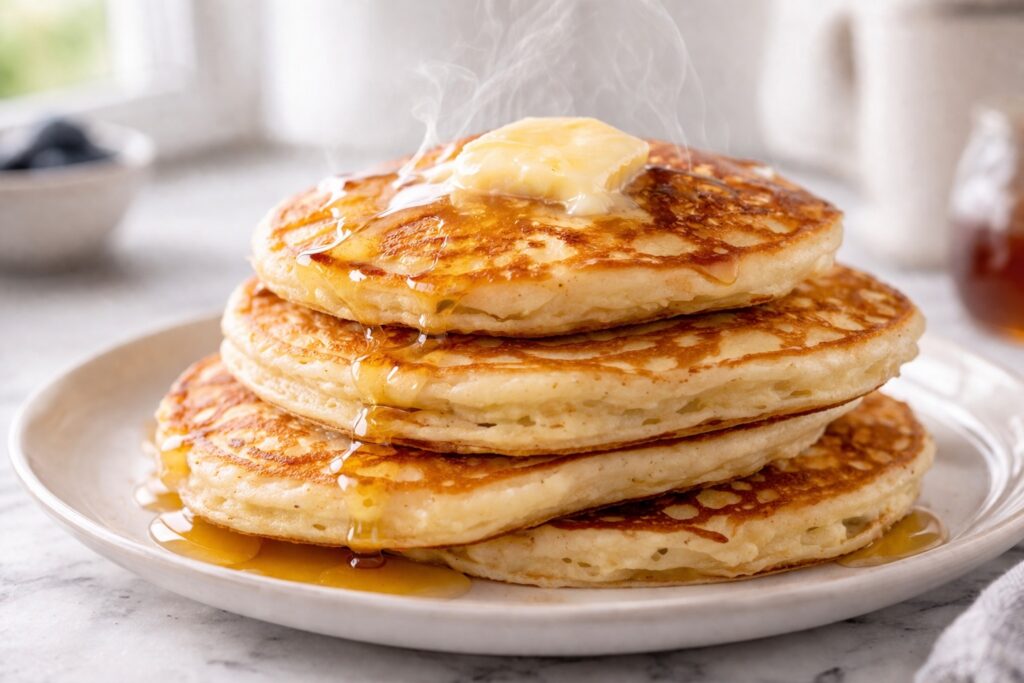 Buttermilk pancakes with melted butter and maple syrup dripping down the stack