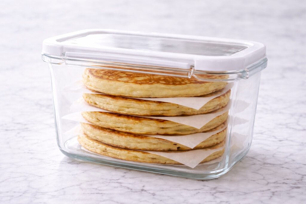 Buttermilk pancakes stored in an airtight container with parchment paper layers